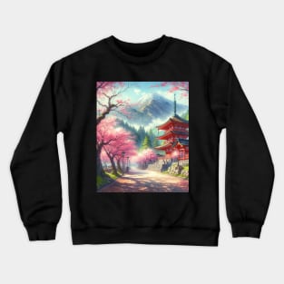 Japanese Red Temple with Cherry Blossom and Mountain - Anime Drawing Crewneck Sweatshirt